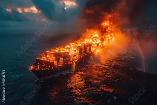 Burning container ship is under black smoke, aerial view
