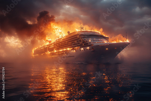 Close up view of burning cruise ship under dark dramatic sky and smoke