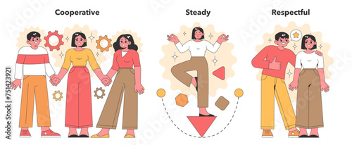 Colorful vector illustrations highlighting the virtues of cooperation, stability, and respect, depicted by joyful characters in harmonious interaction