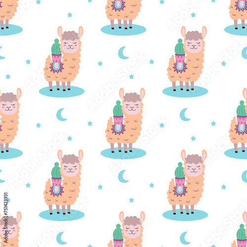 llama, alpaca, cactus and moon with stars seamless pattern, background with cute animal