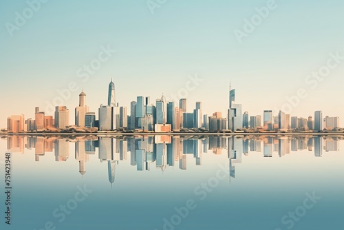 a city skyline with a body of water