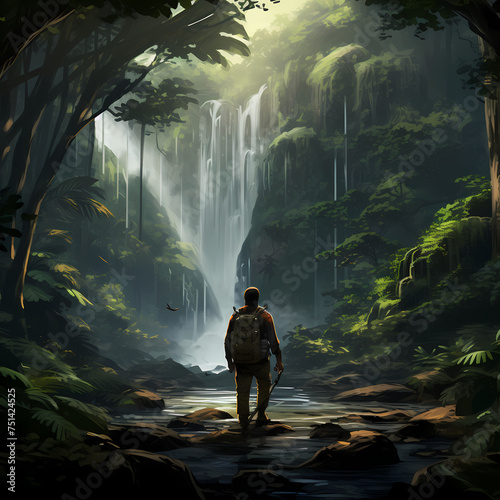 Explorer discovering a hidden waterfall in a jungle