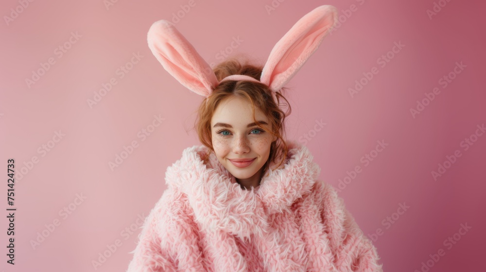 Young girl wearing bunny ears. isolated on pink background. Room for copy space. Happy easter. Young girl wearing bunny ears. isolated on pink background. Room for copy space. Happy easter.