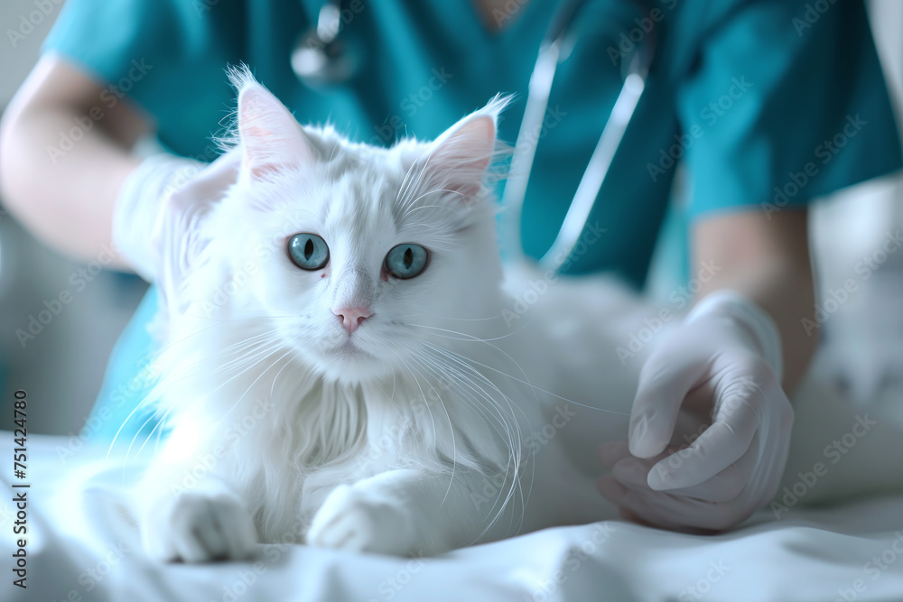 white cat being examined by a veterinarian in vet clinic., focus on cat, pet healthcare concept white cat being examined by a veterinarian in vet clinic., focus on cat, pet healthcare concept