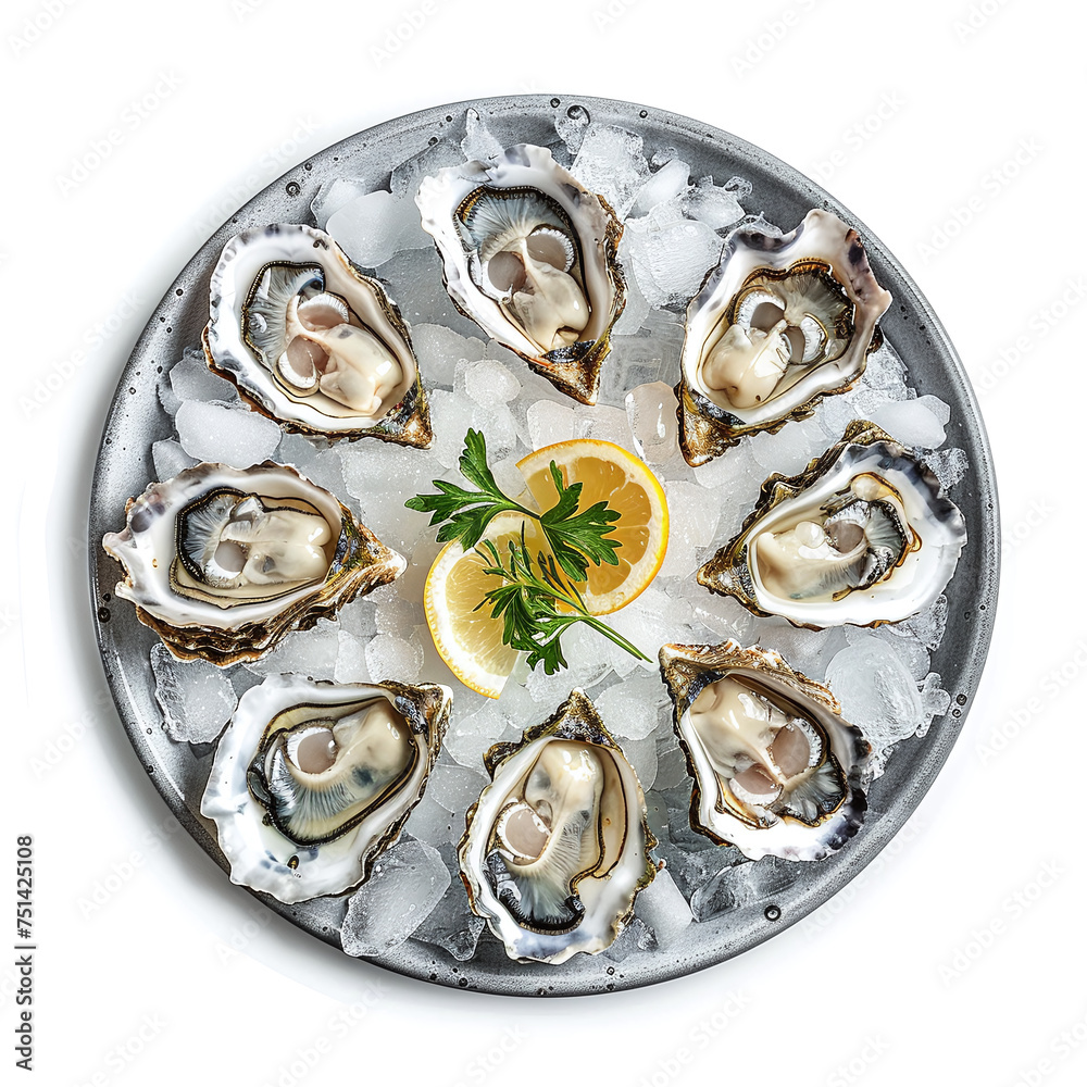 fresh oysters on ice platter with lemon, top view luxurious seafood isolated on white background fresh oysters on ice platter with lemon, top view luxurious seafood isolated on white background