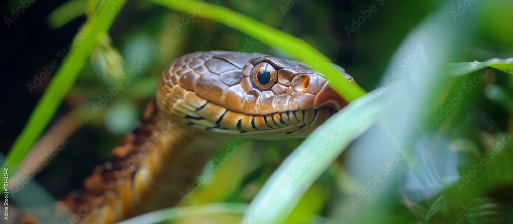 A Fearless Snake Slithering Through the Green Grass in the Wild Nature Under the Sunlight A Fearless Snake Slithering Through the Green Grass in the Wild Nature Under the Sunlight