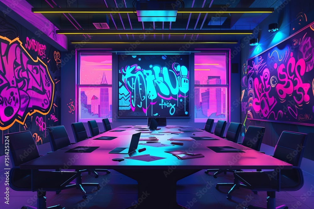 A conference room filled with colorful neon lights and graffiti on the walls. Generative AI A conference room filled with colorful neon lights and graffiti on the walls. Generative AI