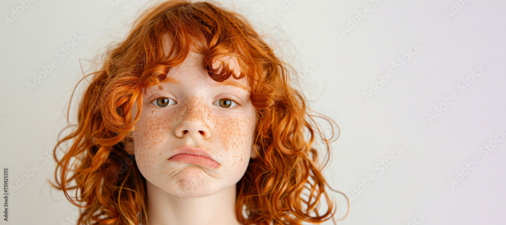 Fototapeta premium A girl with red hair and freckles. She has a sad expression on her face. a close up head shot of a red haired young girl pulling a funny face looking at the camera and on a plain white background