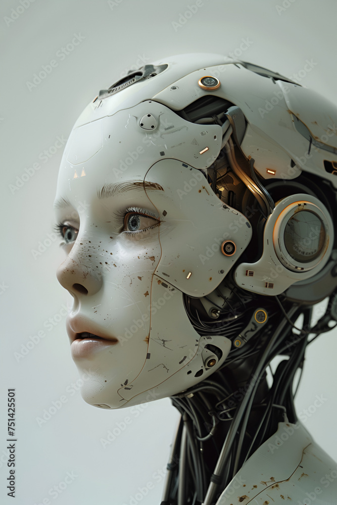 A artificial female robot, cyborg, android  that looks as much like a human as possible, smart,  in the style of youthful protagonists,  light white and bronze, womancore, beauty