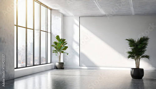 Blank wall in bright office mockup with large windows and sun passing through 3D rendering