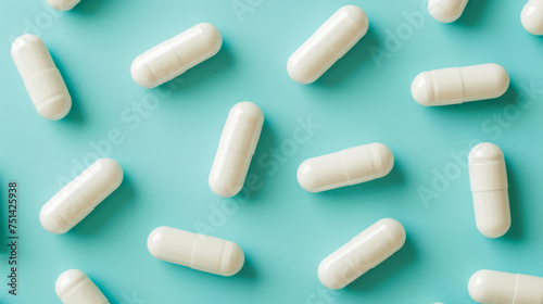 An array of white capsules on a teal background representing a health and medical concept. Ai generative illustration