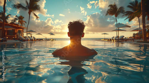 Person enjoying a swimming pool at a tropical hotel at sunset. Ai generative illustration photo
