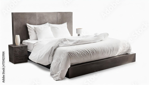 Blank white bed mock up, top view isolated, 3d rendering. Empty blanket and pillows mockup in bedstead. Doss with mattress and bedsheet in place for sleep template. Bedclothes with pilows and duvet