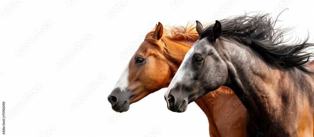 Graceful and majestic two horses standing side by side in a peaceful meadow