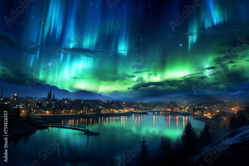 Beautiful Aurora lights in starry night sky over the city. Aurora borealis over the sky at islands. Night winter landscape with colorful scene, night of city with light.