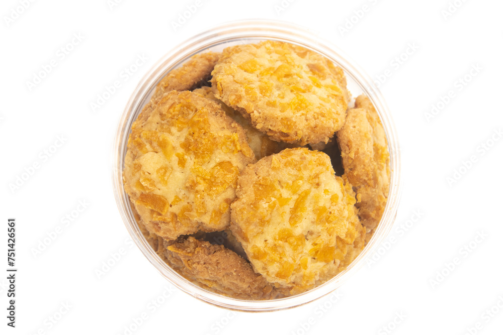 Cornflakes cookies in a jar top view isolated on white background clipping path Cornflakes cookies in a jar top view isolated on white background clipping path