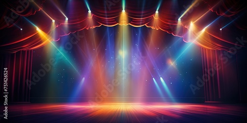 Theater stage light background with spotlight illuminated the stage for opera performance. Empty stage with bright colors backdrop decoration. Entertainment show. © Coosh448
