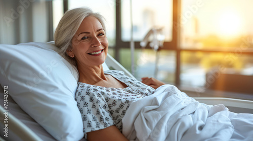 An individual in a hospital bed smiling  with a healthcare setting in the background. Ai generative illustration