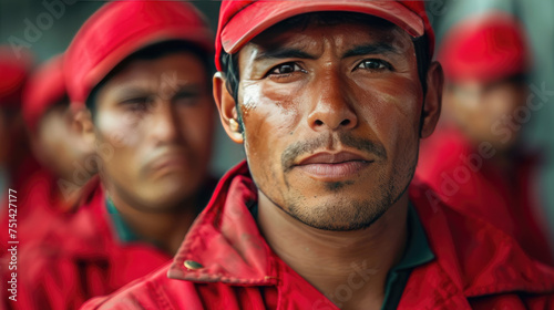 Workers wearing red clothing to symbolize the labor movement 