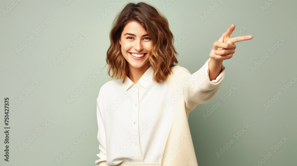 Smiling woman pointing away portrait on isolated background - ai generative Smiling woman pointing away portrait on isolated background - ai generative