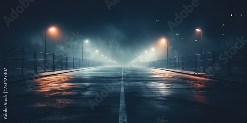 Midnight road or alley with car headlights pointed this way. Wet, hazy asphalt road with construction metal fences on both sides. drag race, crime, midnight activity concept.