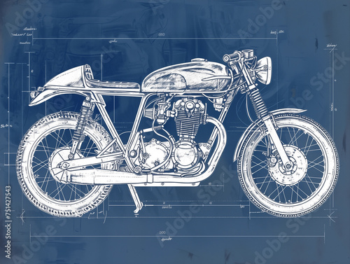 Classic Old-school Cafe Racer Motorcycle - Blueprint Drawing Illustration. 