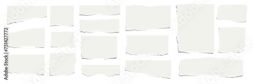 Elongated horizontal set of torn pieces of paper isolated on white background. Paper collage. photo