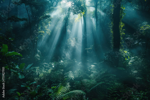 Sunlight Beams Through Mist in Dense Jungle