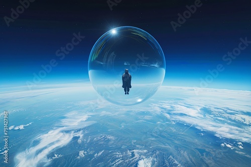 A man is standing in the middle of a large, transparent bubble that surrounds him entirely. Generative AI photo