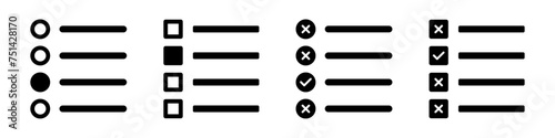 Tick the correct option quiz vector illustration in black color. Online exam quiz test with checkmark icons. To do list with checkboxes right wrong symbols in black color isolated on white background. photo