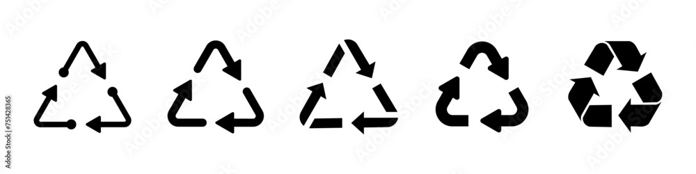 Recycling symbol set in black color. Triangle recycle arrow icon set. Triangular recycle, reuse icon set. Set of triangular recycling icons in black color isolated on white background. Recycling symbol set in black color. Triangle recycle arrow icon set. Triangular recycle, reuse icon set. Set of triangular recycling icons in black color isolated on white background.