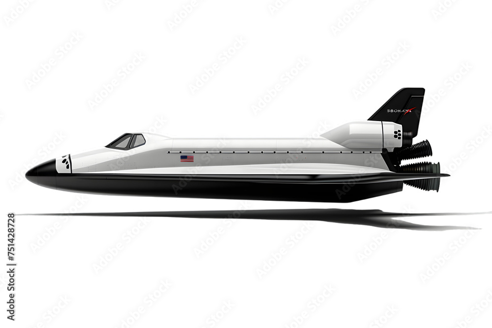 Concept art of a sleek space shuttle, side profile, on a plain white background Concept art of a sleek space shuttle, side profile, on a plain white background
