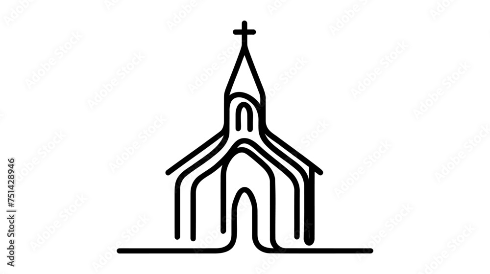 church continuous one line simple single abstract drawing icon on a white background. Linear stylized.