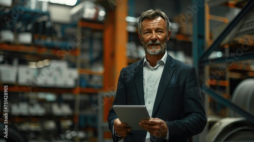 Mature businessman holding tablet in a factory