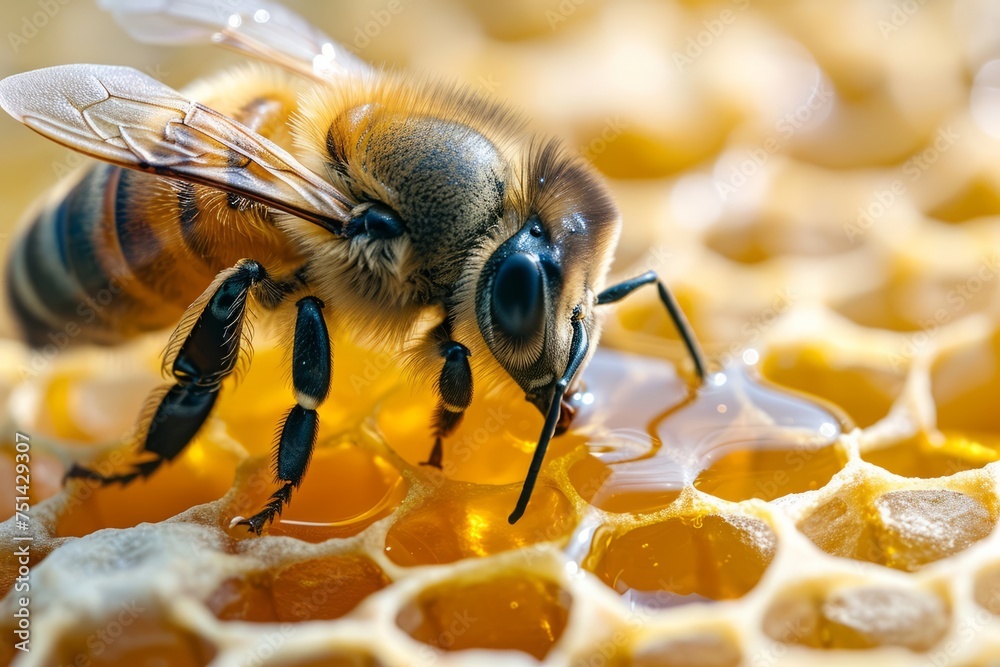 Close-up of a bee on a honeycomb Close-up of a bee on a honeycomb