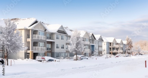 Residential homes against a white landscape of frost and cloudy sky background