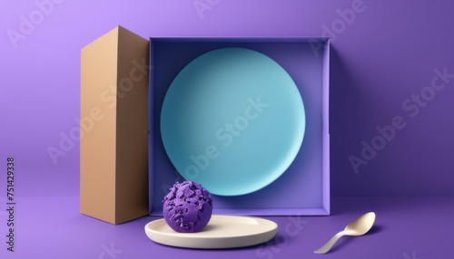 blue plate with a purple empty box in front of a purple wall