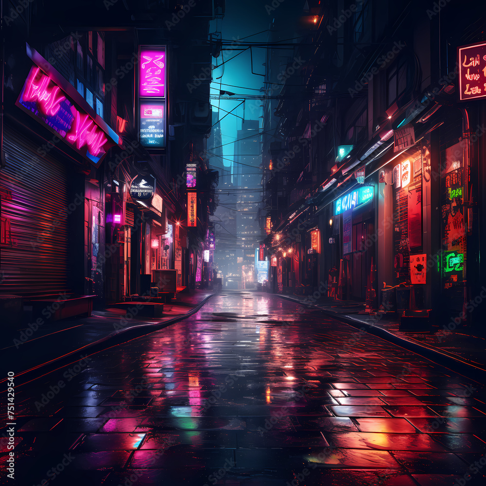 Neon-lit alley in a rainy cyberpunk city 