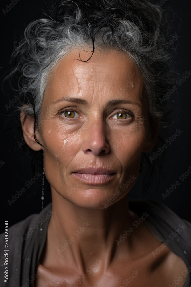 A captivating woman with flowing grey hair stands confidently against a stark black background A captivating woman with flowing grey hair stands confidently against a stark black background