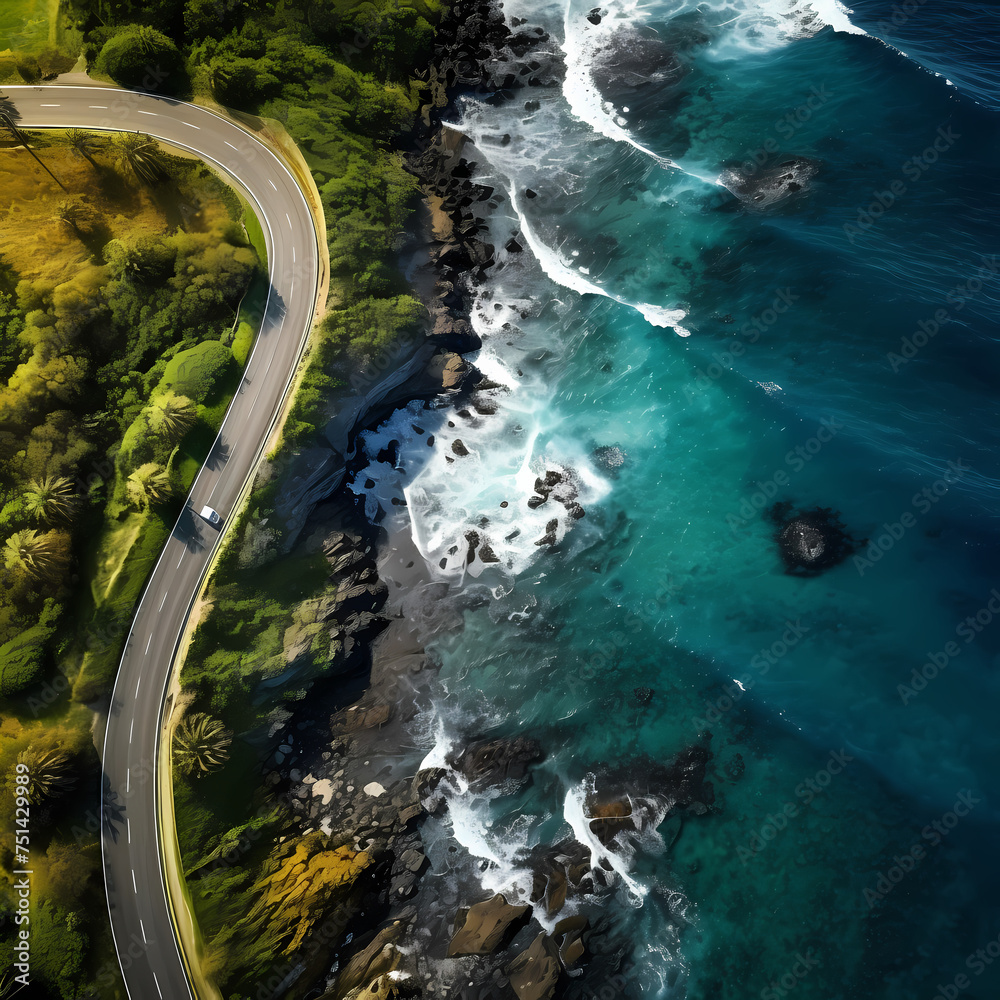 Overhead view of a scenic coastal road.
