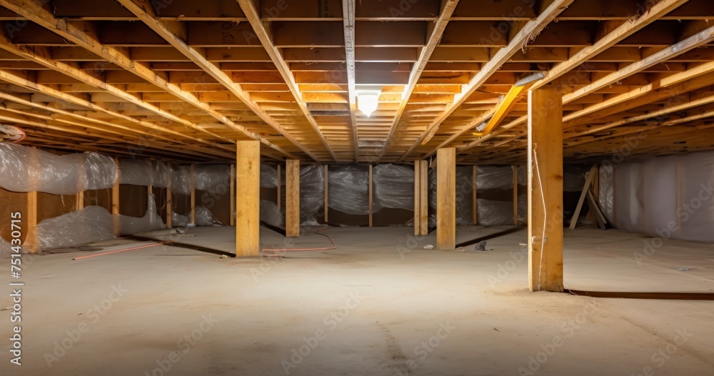 An area of limited height under the floor of a house with concrete wall and floor. The Integral Role of Wooden Beams and Insulation in a Crawl Space