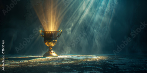   A growing Golden trophy, a testament to success concept and dark room background with spotlights on it   photo