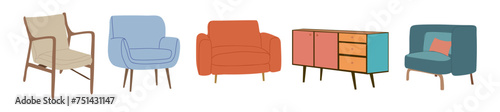 Set of vintage mid century modern furniture, armchairs and chest of drawer, cabinet. Retro 60s, 70s interior design elements. Accent arm chairs different shapes, colors. Vector illustrations isolated.