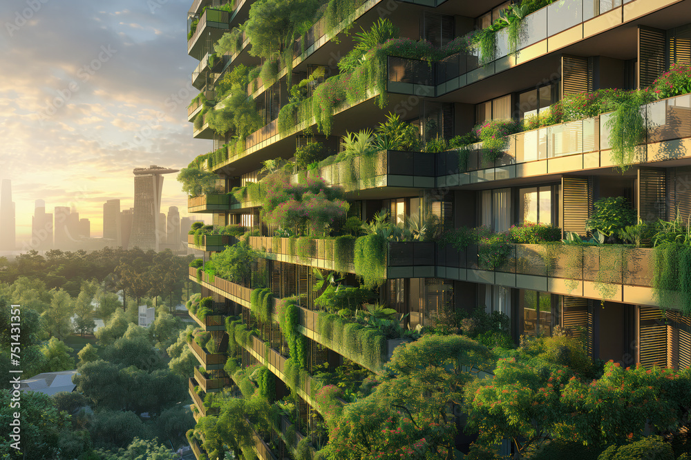 Contemporary Urban Architecture Integrating Lush Greenery and Sustainable Living Features, vertical garden
