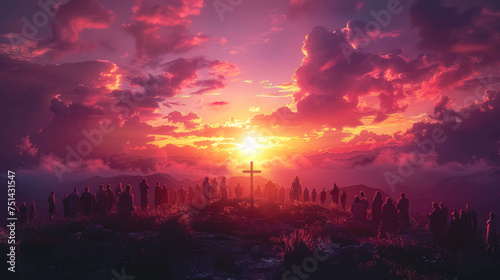 Cross on a hill and a crowd of people against the pink sky.
