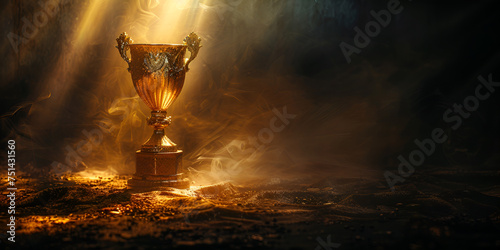 First place gold trophy cup in the dark room with spotlights background  photo