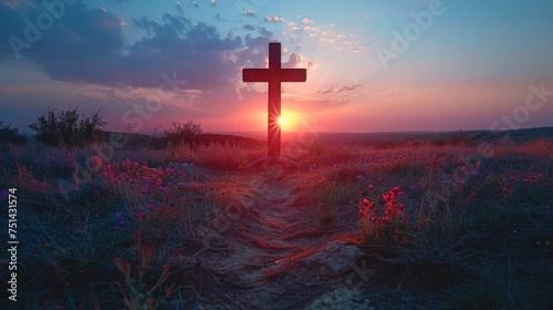 Silhouette of a cross on a flower hill against the backdrop of the sun.
