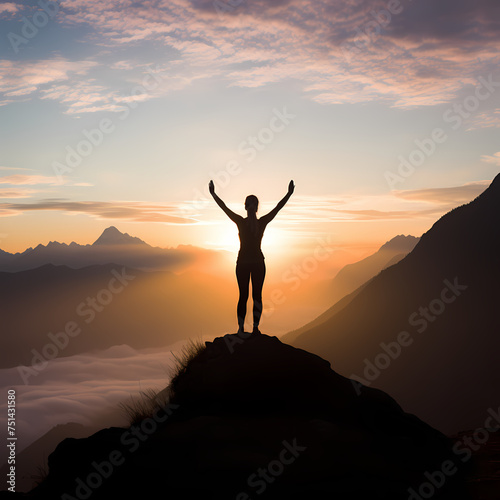 Silhouette of a person doing yoga on a mountain peak