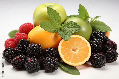 Assortment of vibrant fresh fruits with mint on a white background