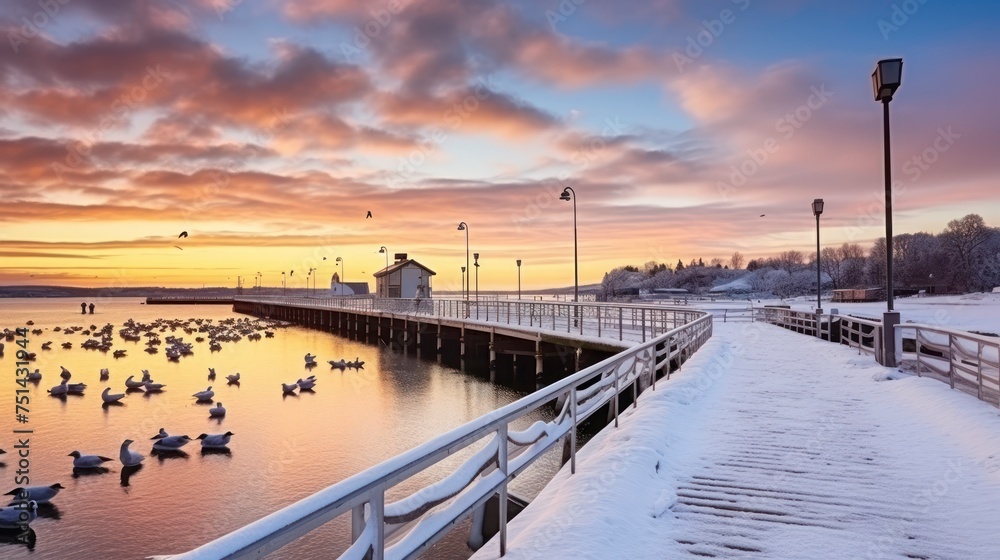 The Serene Sunset Over Snowy Pier in Winter